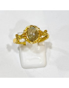 Bague Labradorite Acier Inox Plaqué Or Taille Réglable
