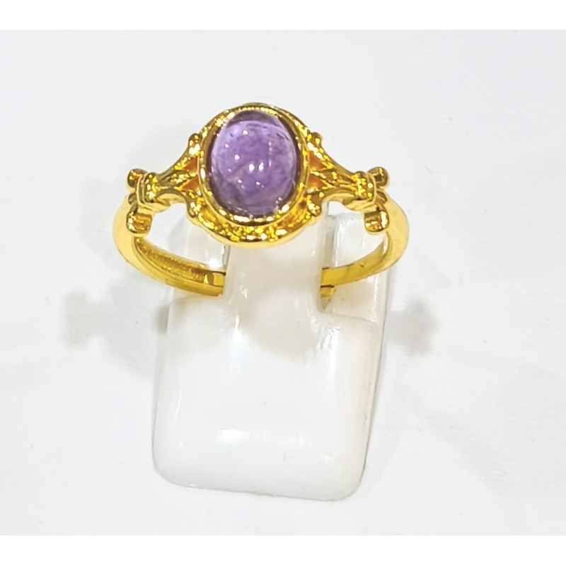 Bague Améthyste Acier Inox Plaqué Or Taille Réglable