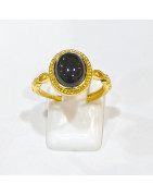 Bague Onyx Acier Inox Plaqué Or Réglable
