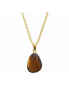 Pendentif Œil de Tigre avec Chaîne Acier Inox Plaquée Or 40 + 10 cm