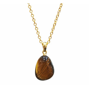 Pendentif Œil de Tigre avec Chaîne Acier Inox Plaquée Or 40 + 10 cm
