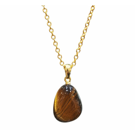 Pendentif Œil de Tigre avec Chaîne Acier Inox Plaquée Or 40 + 10 cm