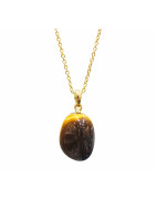 Pendentif Œil de Tigre avec Chaîne Acier Inox Plaquée Or 40 + 10 cm