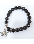 Bracelet Obsidienne Argenté avec Breloque Tortue Pierre Rondes 10mm