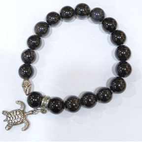 Bracelet Obsidienne Argenté avec Breloque Tortue Pierre Rondes 10mm