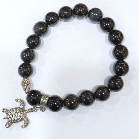 Bracelet Obsidienne Argenté avec Breloque Tortue Pierre Rondes 10mm