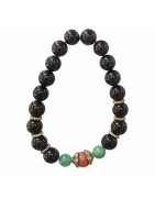 Bracelet Obsidienne Argentée et Inserts Acier et Billes Pierres Rondes 10mm