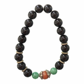Bracelet Obsidienne Argentée et Inserts Acier et Billes Pierres Rondes 10mm