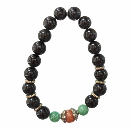 Bracelet Obsidienne Argentée et Inserts Acier et Billes Pierres Rondes 10mm