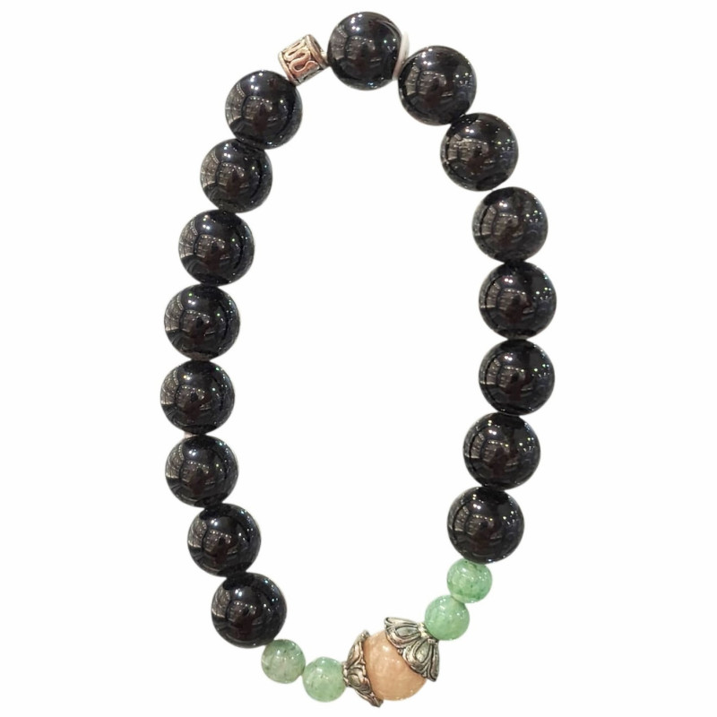 Bracelet Obsidienne Argentée et Inserts Acier et Billes Pierres Rondes 10mm