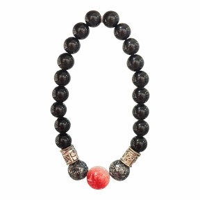 Bracelet Obsidienne Argentée et Inserts Acier et Billes Pierres Rondes 8mm