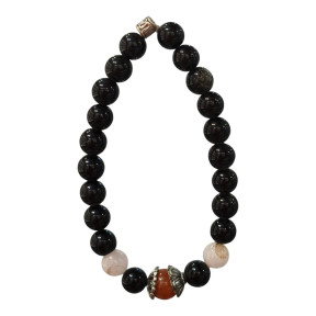 Bracelet Obsidienne Argentée et Inserts Acier et Billes Pierres Rondes 8mm