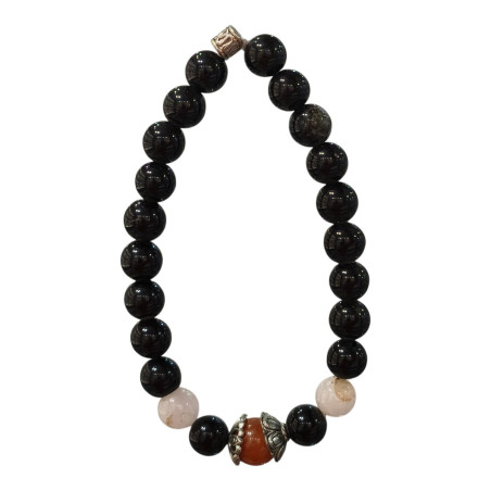 Bracelet Obsidienne Argentée et Inserts Acier et Billes Pierres Rondes 8mm