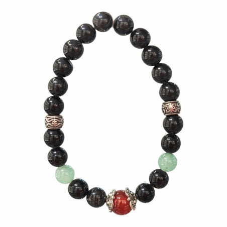 Bracelet Obsidienne Argentée et Inserts Acier et Billes Pierres Rondes 8mm