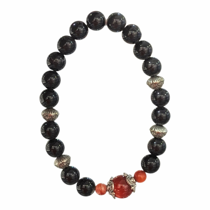 Bracelet Obsidienne Argentée et Inserts Acier et Billes Pierres Rondes 8mm