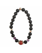 Bracelet Obsidienne Argentée et Inserts Acier et Billes Pierres Rondes 8mm
