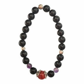 Bracelet Obsidienne Argentée et Inserts Acier et Billes Pierres Rondes 8mm