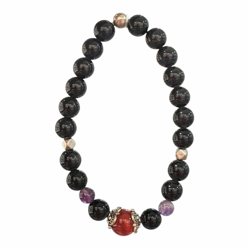 Bracelet Obsidienne Argentée et Inserts Acier et Billes Pierres Rondes 8mm