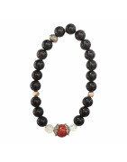 Bracelet Obsidienne Argentée et Inserts Acier et Billes Pierres Rondes 8mm