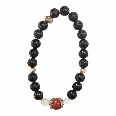 Bracelet Obsidienne Argentée et Inserts Acier et Billes Pierres Rondes 8mm