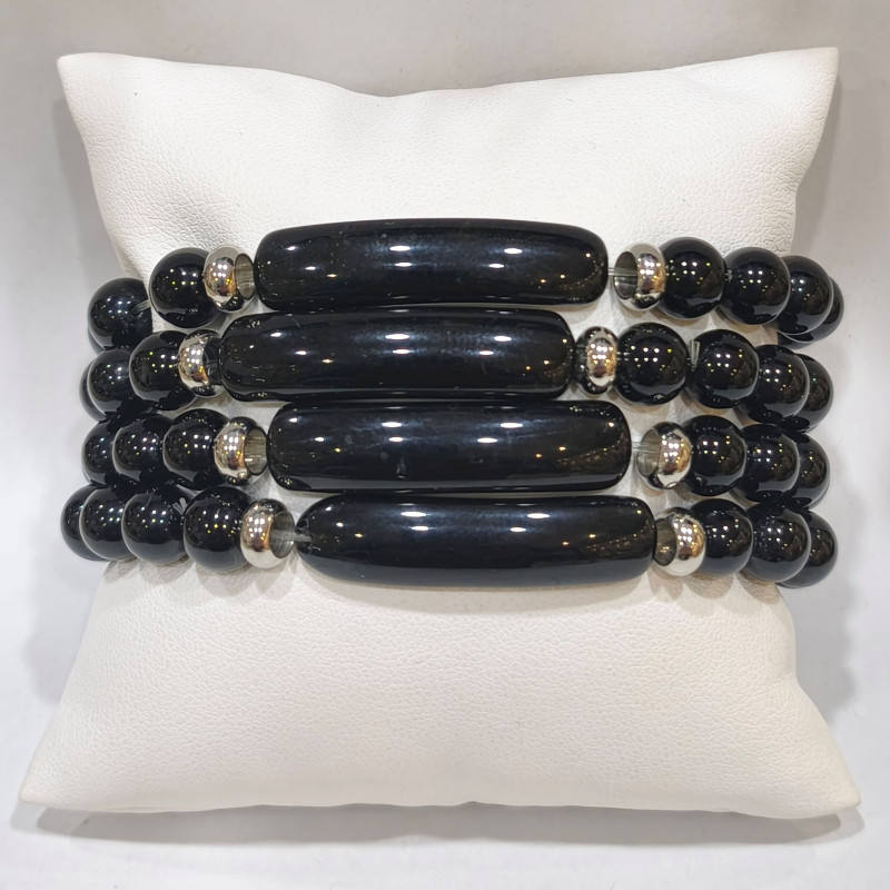Bracelet Onyx Plaque et Pierres Rondes 8mm