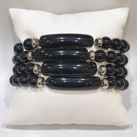 Bracelet Onyx Plaque et Pierres Rondes 8mm