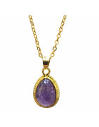Pendentif Améthyste Sertie sur Chaîne Acier Plaquée or 44 cm