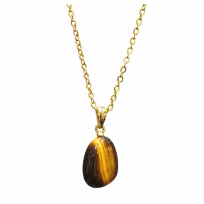 Pendentif Œil de Tigre Pierre Roulée avec Chaîne Acier Plaquée Or 44 cm