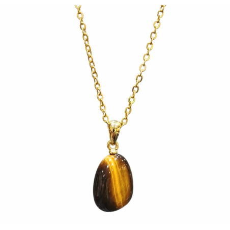 Pendentif Œil de Tigre Pierre Roulée avec Chaîne Acier Plaquée Or 44 cm