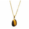 Pendentif Œil de Tigre Pierre Roulée avec Chaîne Acier Plaquée Or 44 cm