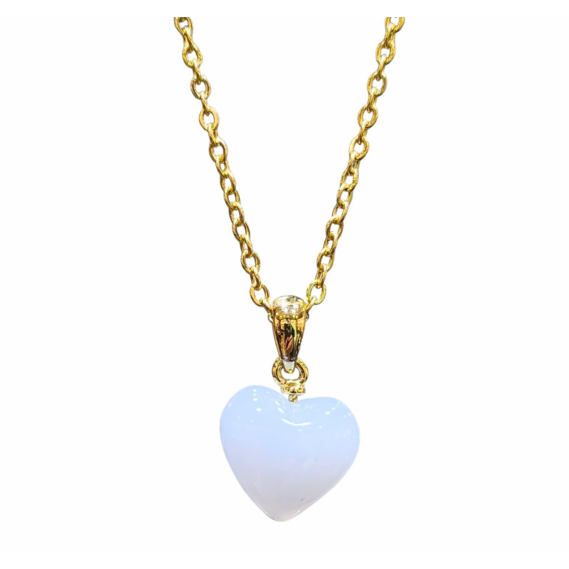 Pendentif Calcédoine Cœur sur Chaîne Acier Plaquée or 44 cm