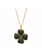 Pendentif Jade Trèfle avec Chaîne Acier Plaquée or 44 cm