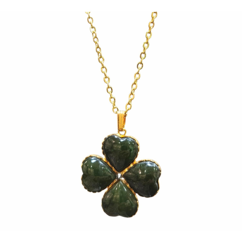 Pendentif Jade Trèfle avec Chaîne Acier Plaquée or 44 cm