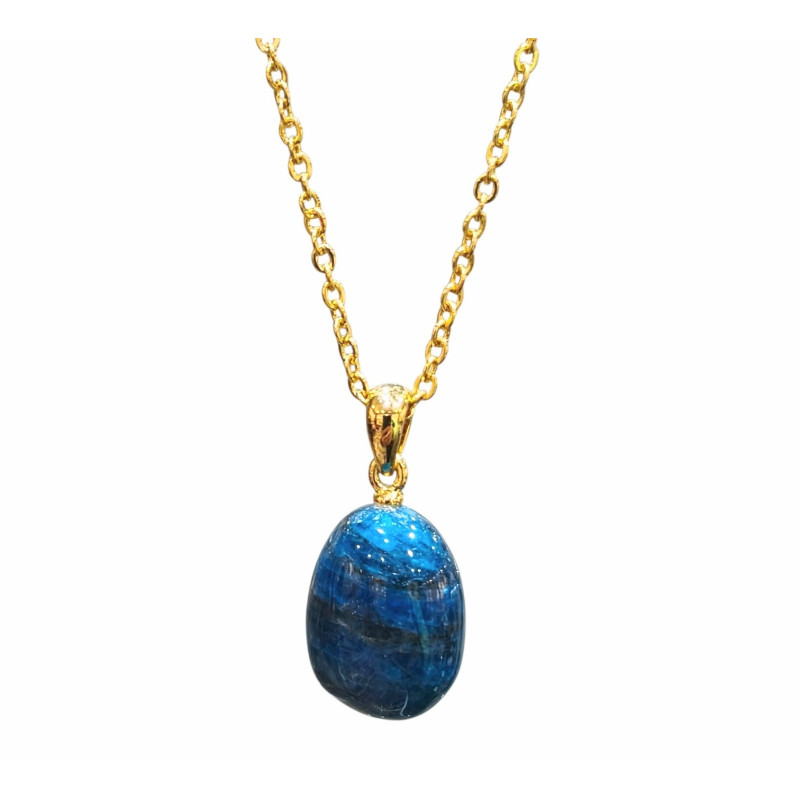 Pendentif Apatite Bleue avec Chaîne Acier Plaquée Or 44 cm