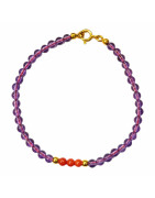 Bracelet Améthyste Corail Pierres Rondes 3.5mm avec Fermoir Doré 18 cm