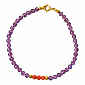 Bracelet Améthyste Corail Pierres Rondes 3.5mm avec Fermoir Doré 18 cm