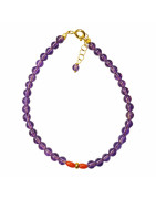 Bracelet Améthyste Corail Pierres Rondes 3.5mm avec Fermoir Doré 18 + 3 cm