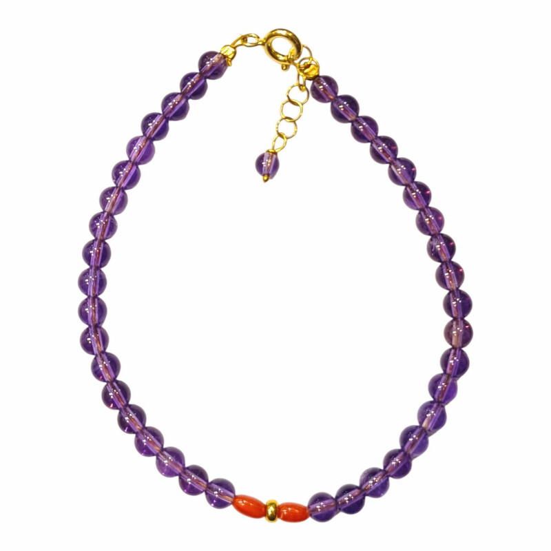 Bracelet Améthyste Corail Pierres Rondes 3.5mm avec Fermoir Doré 18 + 3 cm