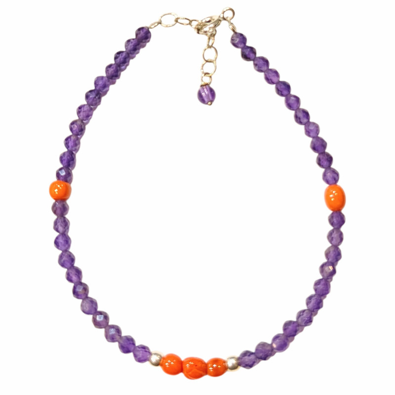 Bracelet Améthyste Corail Pierres Rondes Facettées 3mm avec Fermoir 18 + 3 cm Argent 925