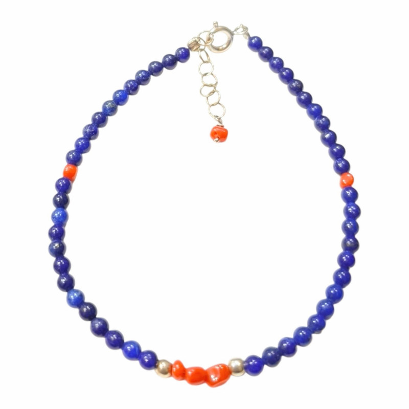 Bracelet Lapis-Lazuli Corail Pierres Rondes 3mm avec Fermoir 18 + 3 cm Argent 925