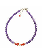 Bracelet Améthyste Corail Perles Pierres Rondes Facettées 3mm avec Fermoir 18 + 3 cm Argent 925