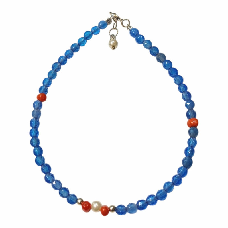 Bracelet Calcédoine Corail Perles Pierres Rondes Facettées 3mm avec Fermoir 18 + 2 cm Argent 925