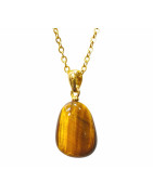Pendentif Œil de Tigre Pierre Roulée 2 cm avec Chaîne Plaquée Or 45 cm