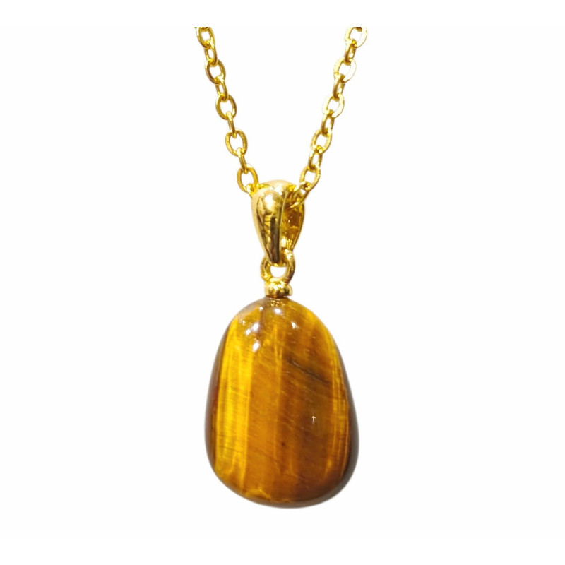 Pendentif Œil de Tigre Pierre Roulée 2 cm avec Chaîne Plaquée Or 45 cm