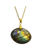 Pendentif Labradorite Pierre Roulée "Ballon de Rugby" avec Chaîne Plaquée or 45 cm