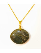 Pendentif Labradorite Pierre Roulée "Ballon de Rugby" avec Chaîne Plaquée or 45 cm