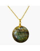 Pendentif Labradorite Rond Diamètre 3 cm avec Chaîne Plaquée Or 45 cm