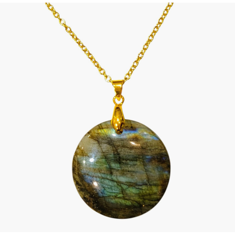 Pendentif Labradorite Rond Diamètre 3 cm avec Chaîne Plaquée Or 45 cm