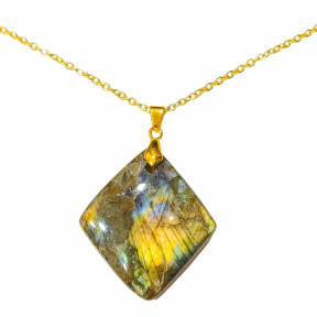 Pendentif Labradorite Losange 4 cm avec Chaîne Plaquée Or 45 cm
