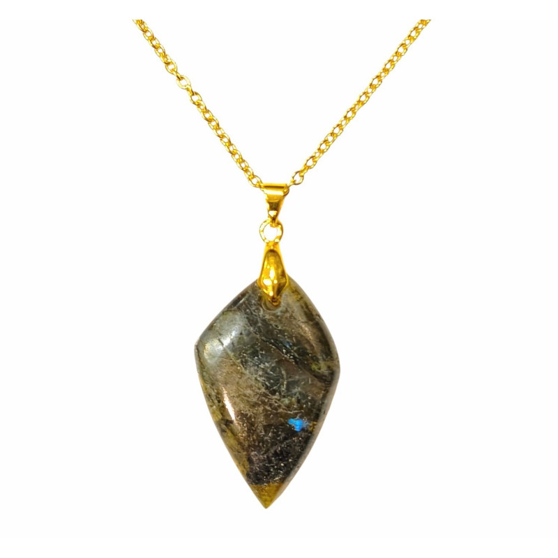 Pendentif Labradorite Pointe de Silex 4 cm avec Chaîne Plaquée Or 45 cm